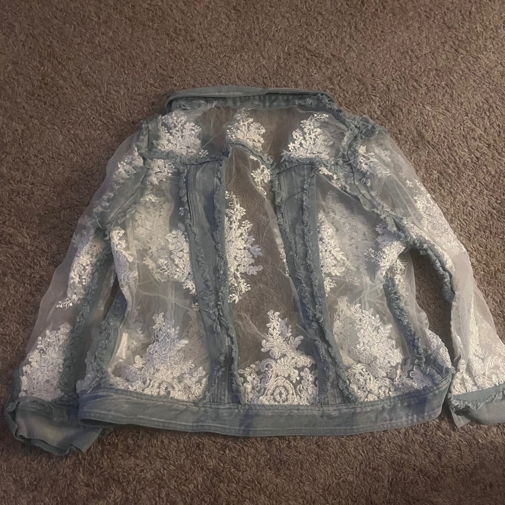 Azi New York Womens Lace Mesh Denim Jacket Light Wash Embroidered Floral Large - Picture 3 of 3